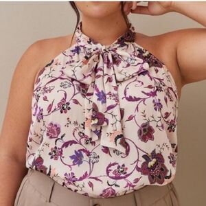 Torrid Pink Multi Floral Satin Bow Tie Front Halter Top Size 0 Large Boho Chic
